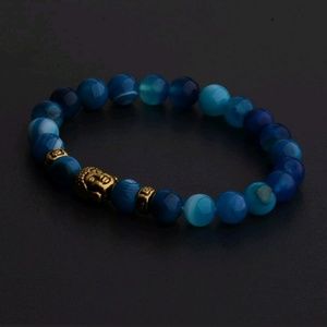 New Natual Blue Agate Ball Golden Buddha Head Bracelet.